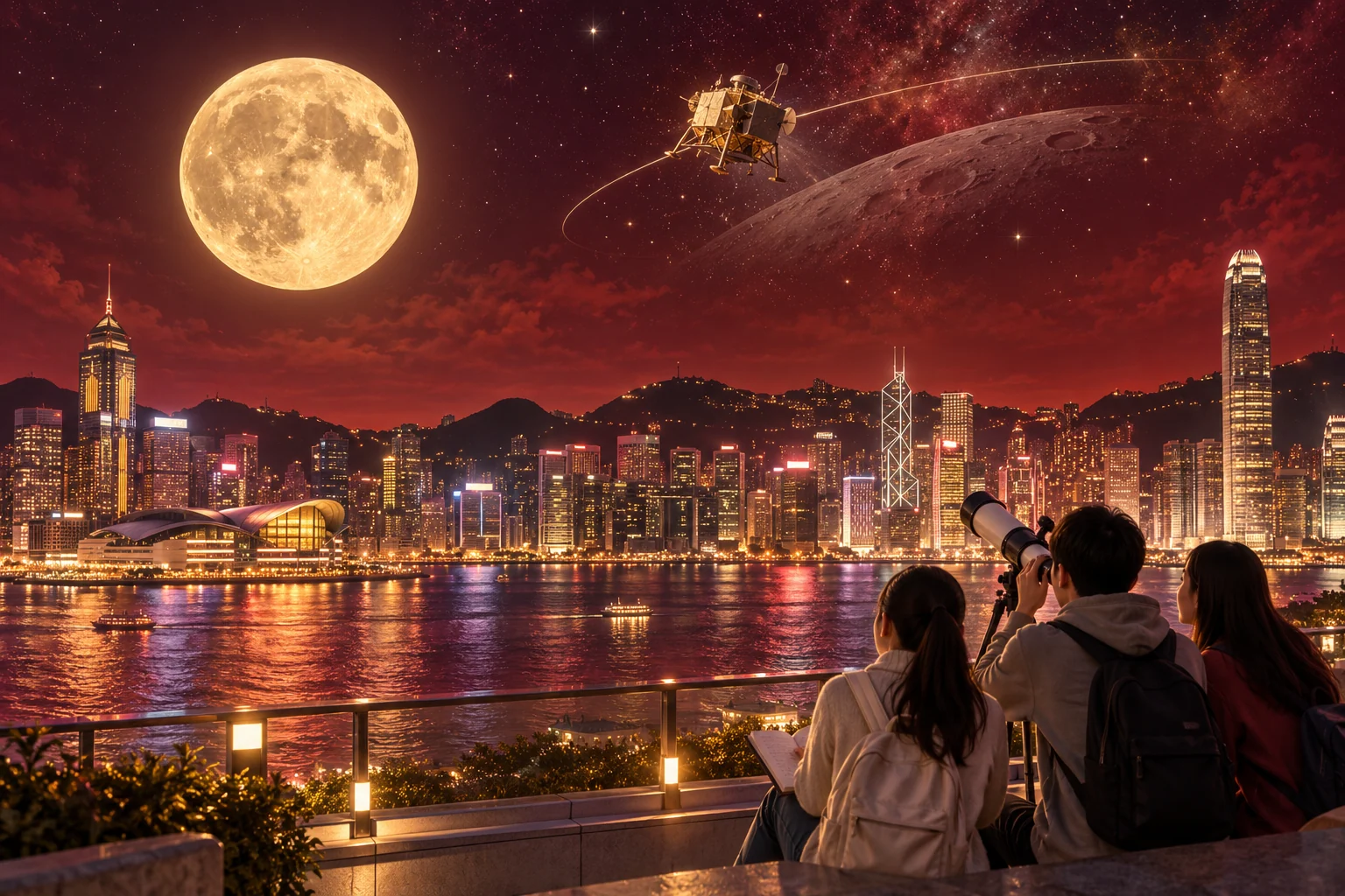 紅金色維港夜景中,青年以望遠鏡仰望月球;上方以藝術拼貼連結中國探月。